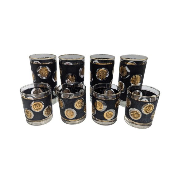 Vtg Libby Black & Gold Roman Coin Pattern Glasses Set Of 8 - Picture 6 of 10